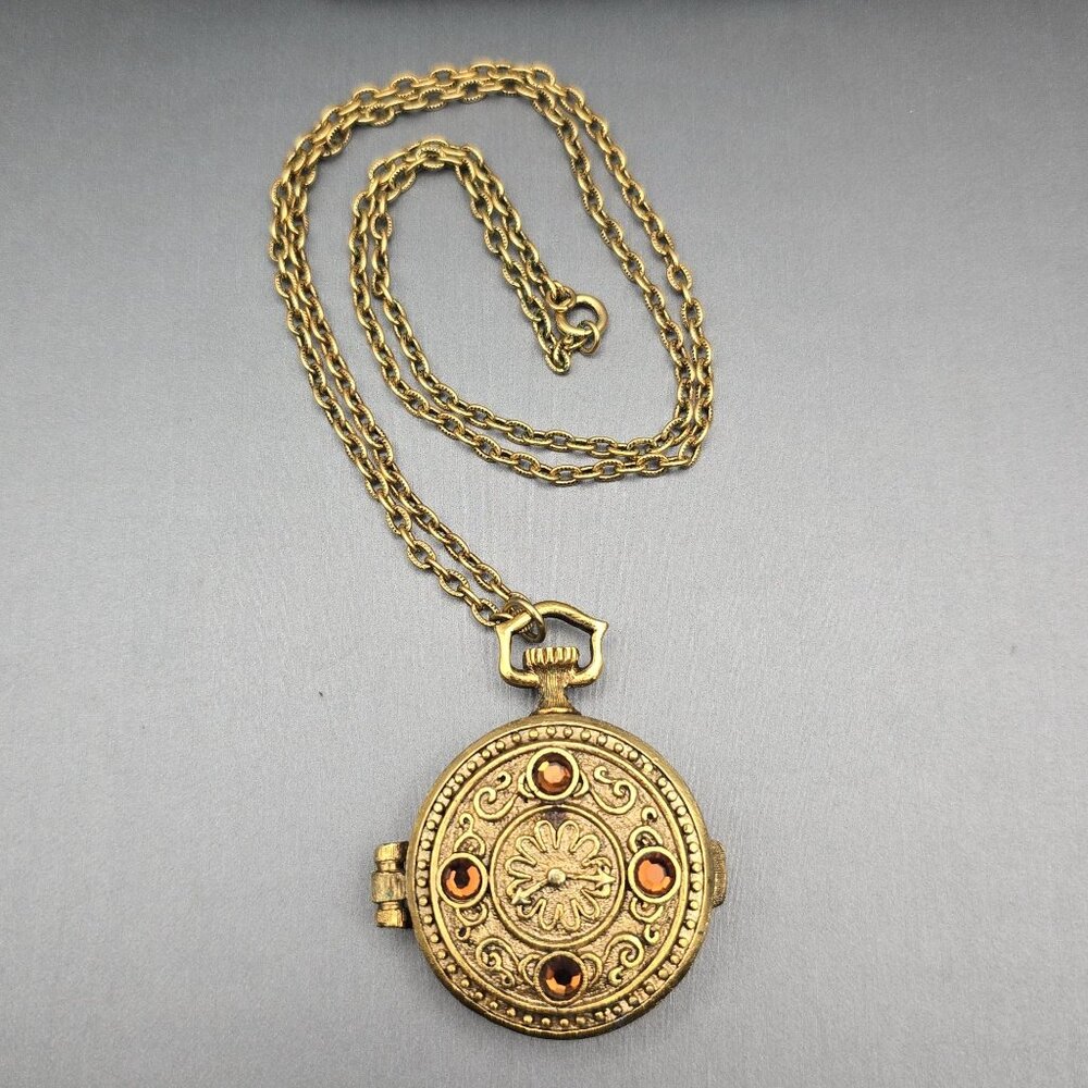 VTG Mary Chess Perfume Locket Necklace 23" Gold Tone Ornate Rhinestones 1960s - Picture 12 of 12